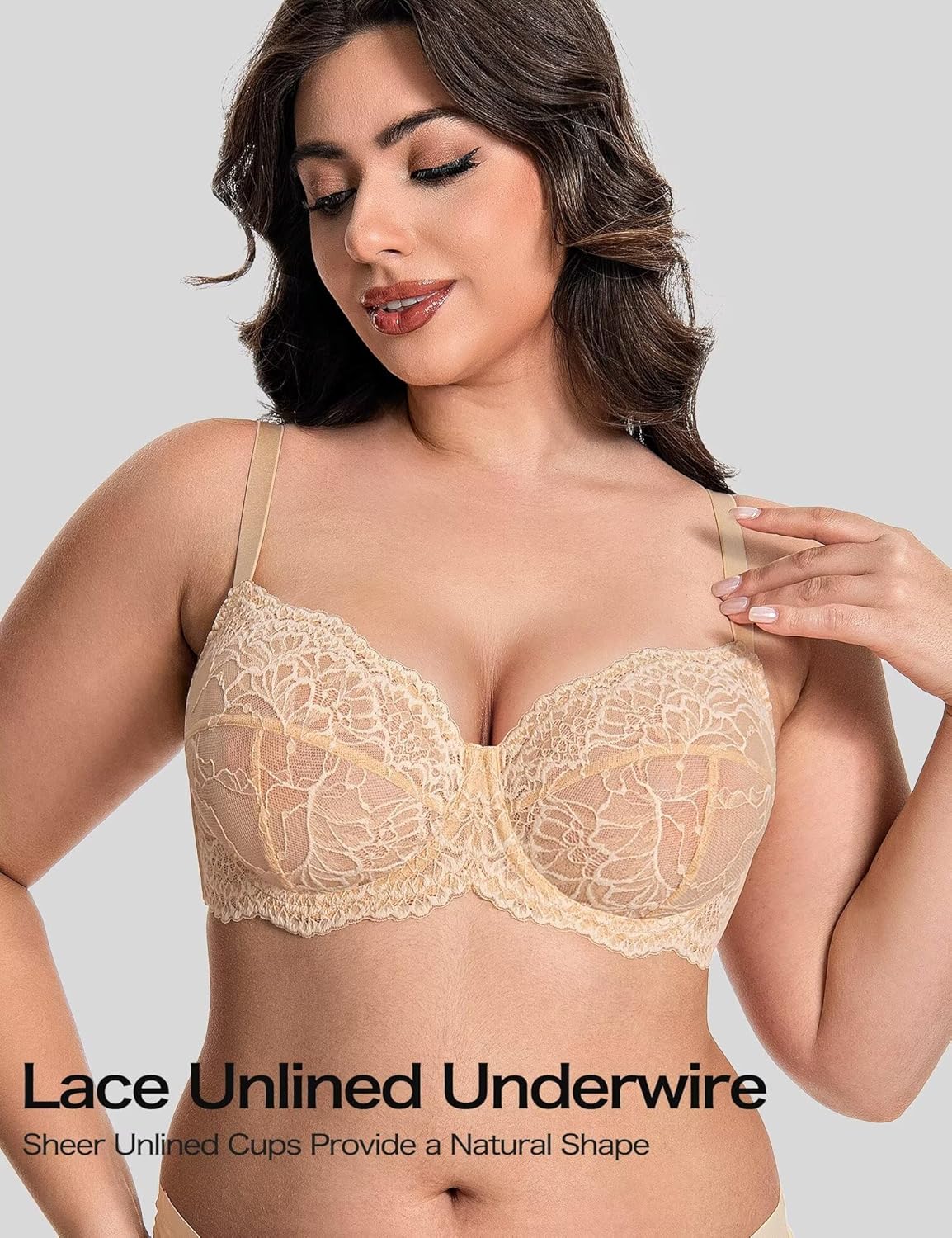 Deyllo Women's Plus Size Lace Comfort Minimizer Bra See-Through Mesh Non Padded Unlined Underwired Support for Heavy Breasts(Dark Nude,40H) - Image 2