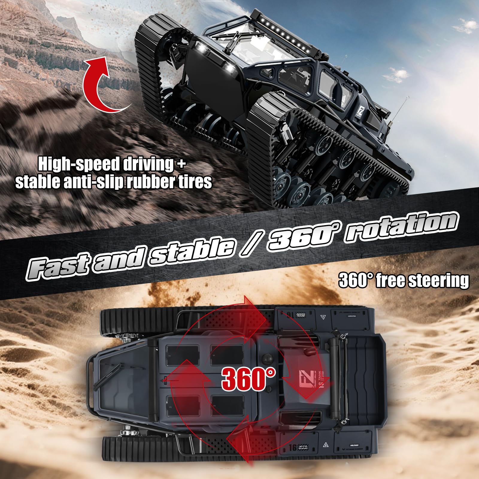 HERMORRYSS Carro Armato Telecomandato 1:16, 2.4GHz RC Tank ad alta Velocità, 360° Rotazione Carro Armato RC Telecomandato Crawler Serbatoio, Fuoristrada Crawler Drift Tank per Bambini Ragazzi (Grigio)