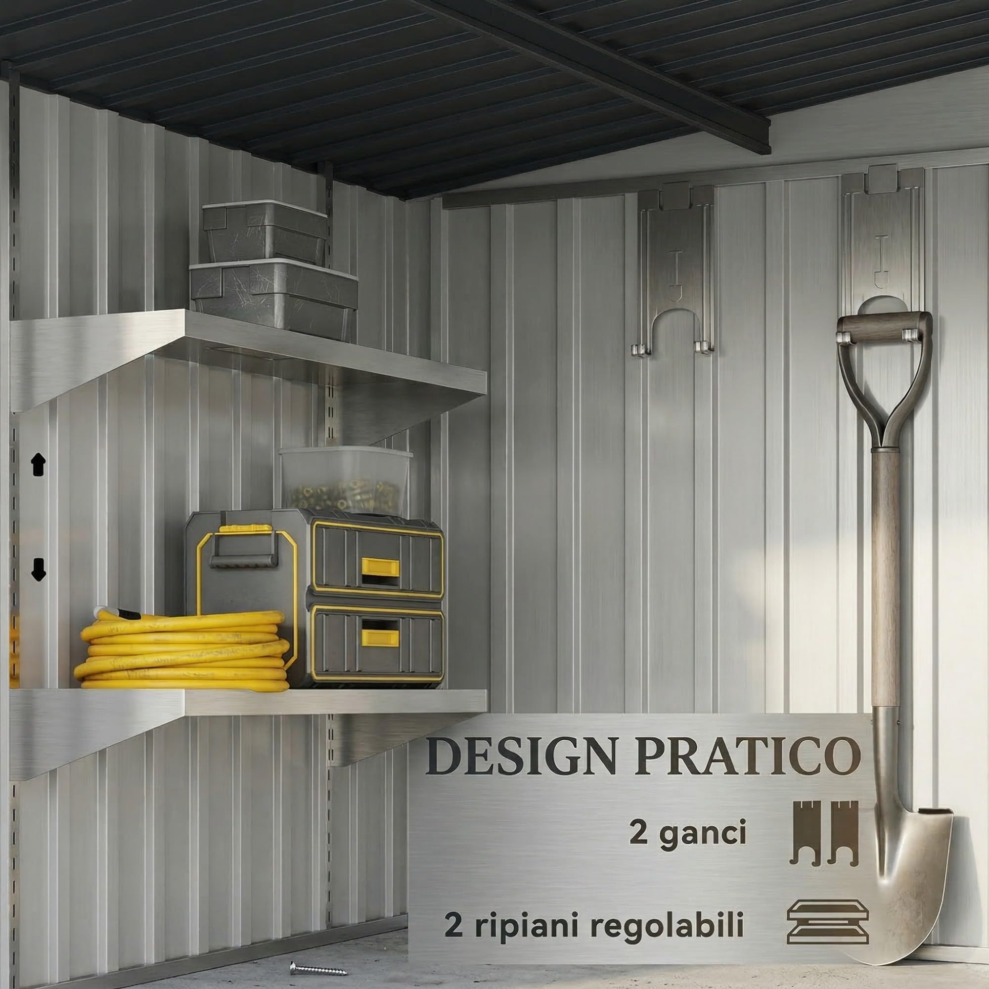 Outsunny Casetta da Giardino 2.81m² in Acciaio Zincato con Kit Fondazione, Capanno Porta Attrezzi Addossato con Ripiani Regolabili, Ganci, Tetto Inclinato, Prese d'Aria, Porta Scorrevole Bianco