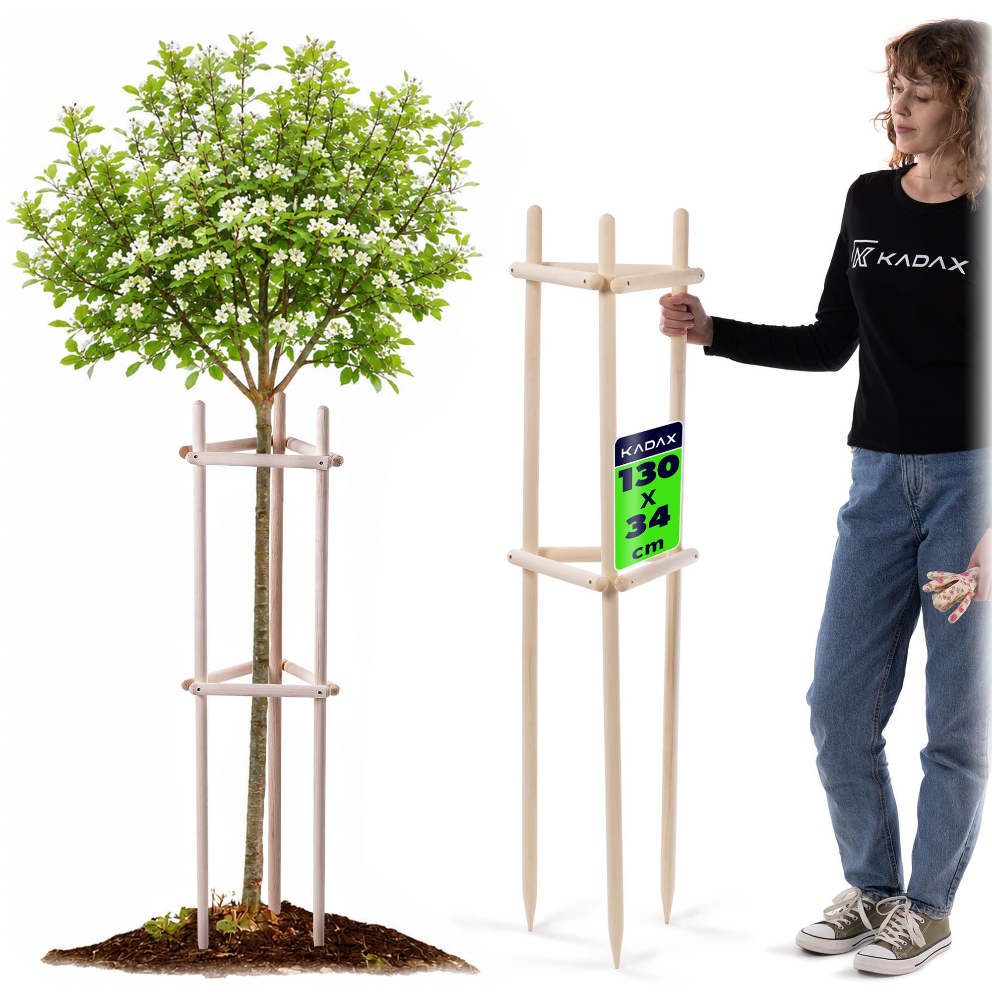 KADAX Baumstütze 130 cm aus robustem Holz, Baumpfahl zur sicheren Fixierung junger Bäume & Sträucher, dreibeinige Pflanzenstütze aus Buchenholz für Garten