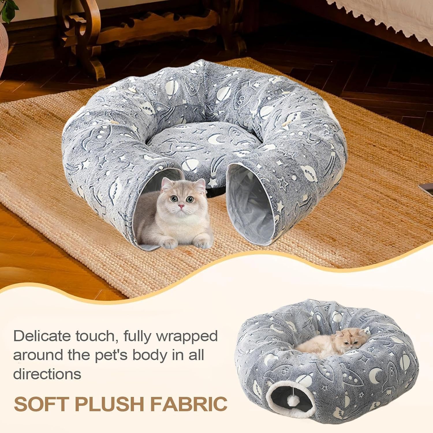 Cat Tunnel Bed, Interactive Cats Toy for Napping, Foldable Round Style with Glow in Dark, Pets Maze Cushion for Home, Balcony, Dorm, Indoor Play and Rest Comfort, 35.43x11.02 Inches