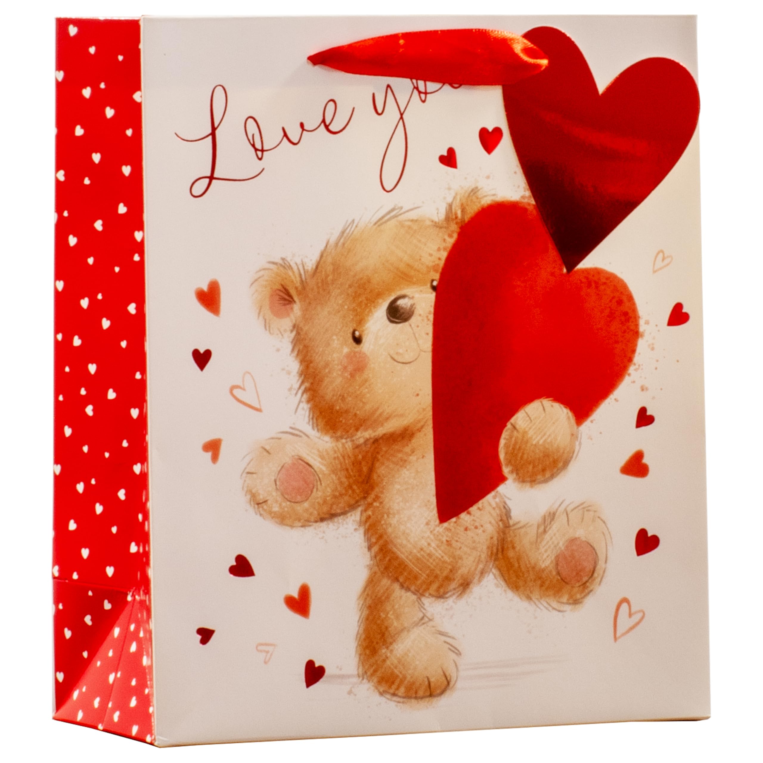 Design By Violet Love You Bear Valentine’s Medium Gift Bag – Cute Teddy Bear Heart Design with Ribbon Handle, Romantic Valentine’s Day Gift Bag for Presents