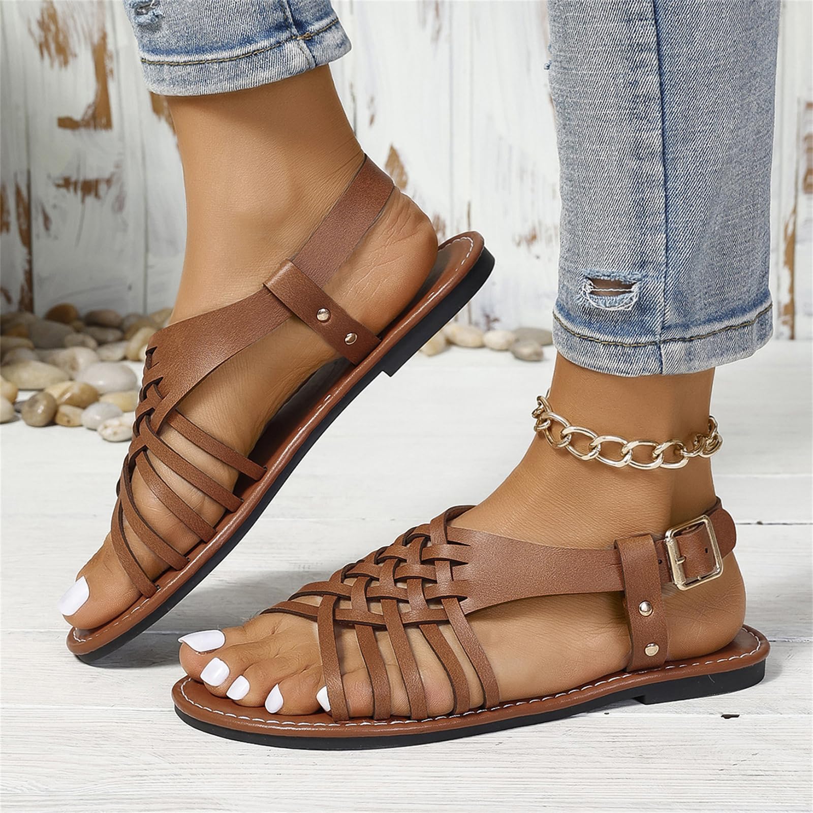 ZKXYFFS Women's Strappy Flat Sandals Gladiator Sandal Summer Casual Open Toe Comfortable Dressy Beach Walking Fisherman Flat Shoes