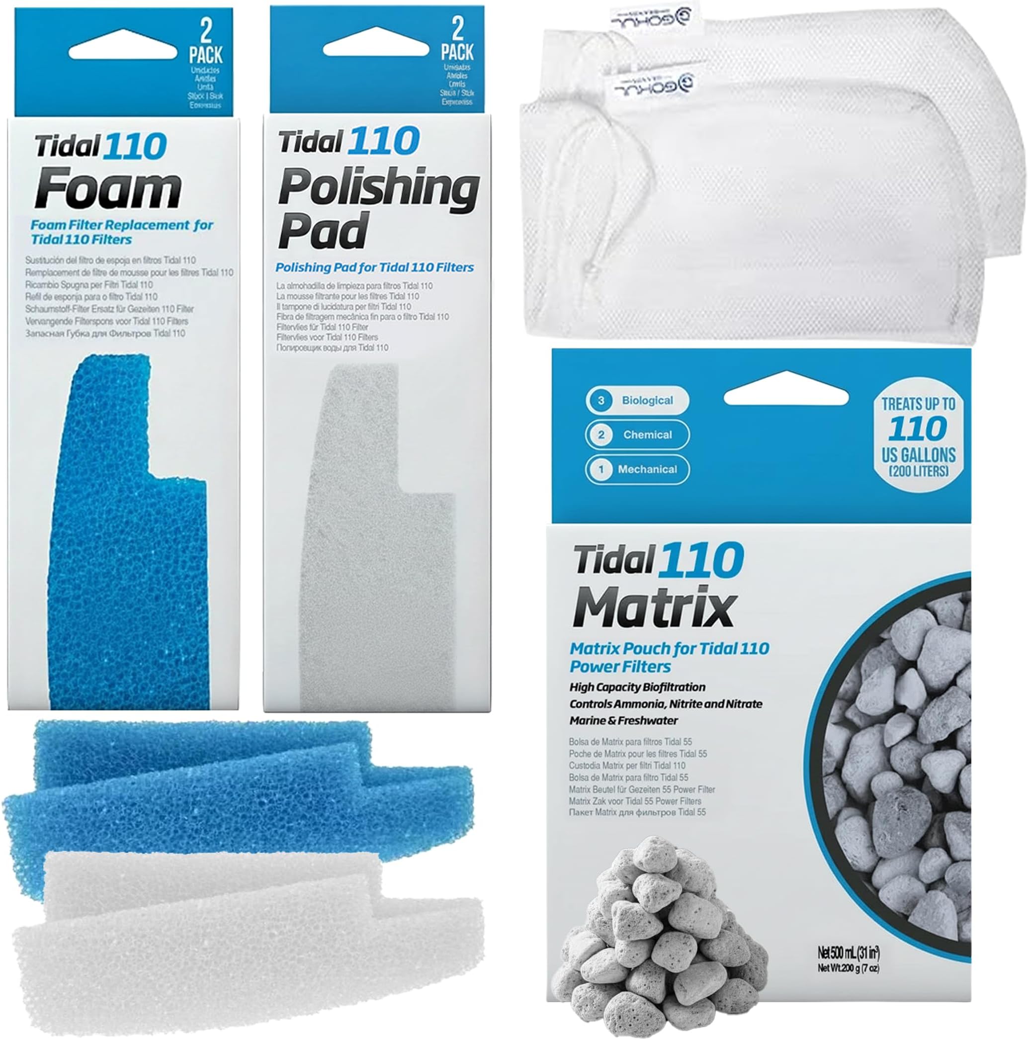 Tidal 110 Filter Maintenance and Replacement Filter Media Kit, Including Gokul Brands Aquarium Filter Media Bags (Tidal 110 Polishing Pads, Foam Filter Sponge, Matrix bio Media)