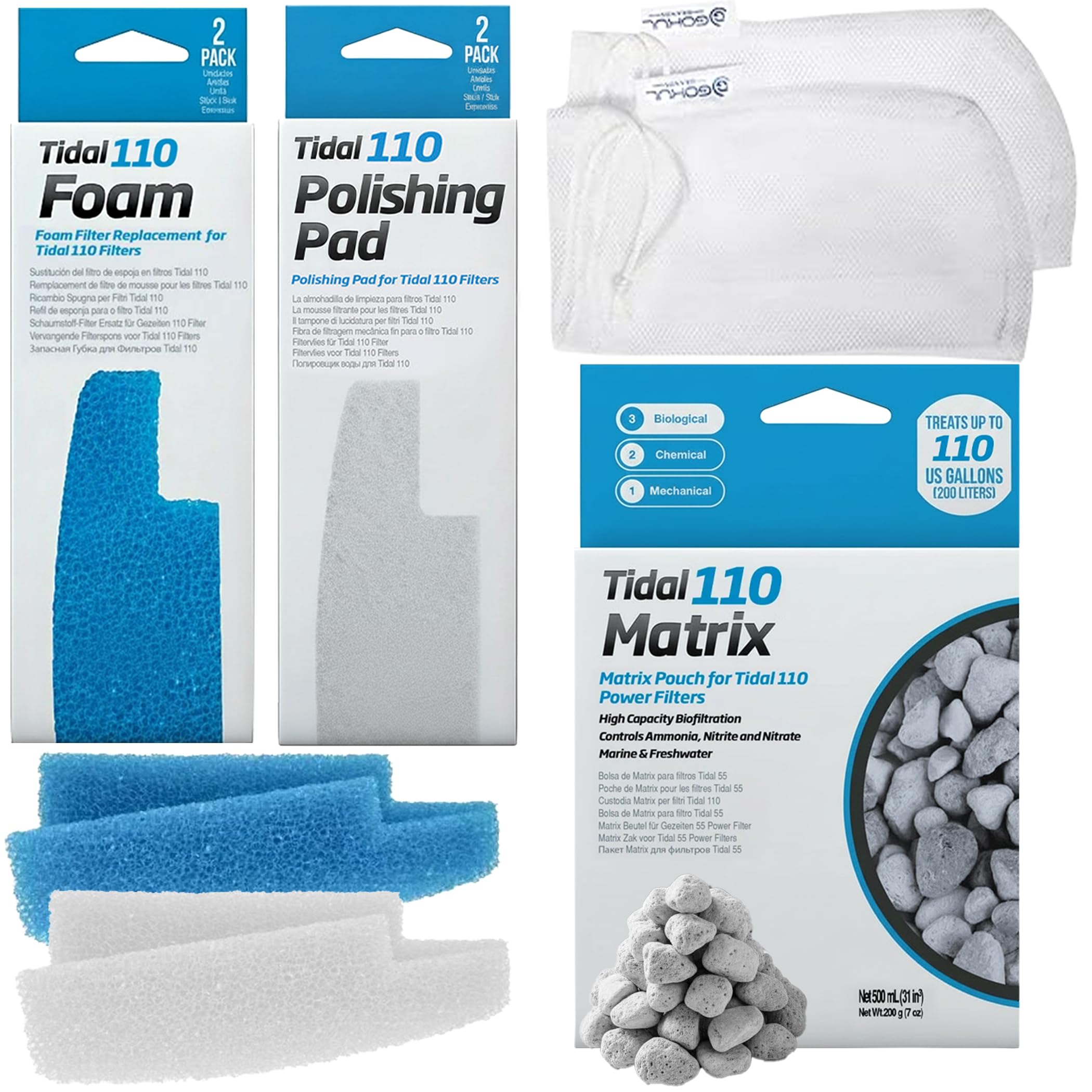 Gokul Brands Tidal 110 Filter Maintenance and Replacement Filter Media Kit, Including Gokul Brands Aquarium Filter Media Bags (Tidal 110 Polishing Pads, Foam Filter Sponge, Matrix bio Media)