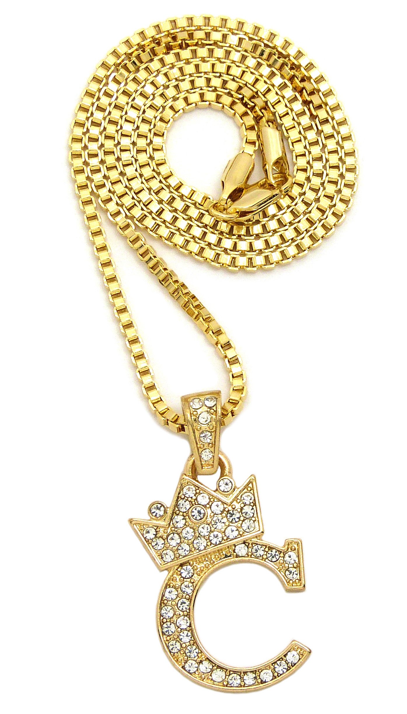 CBC Crown Rhinestone Studded Crown Small Initial Alphabet Letter Pendant Necklace 24" Box Chain Necklaces in Gold Tone or Silver Tone
