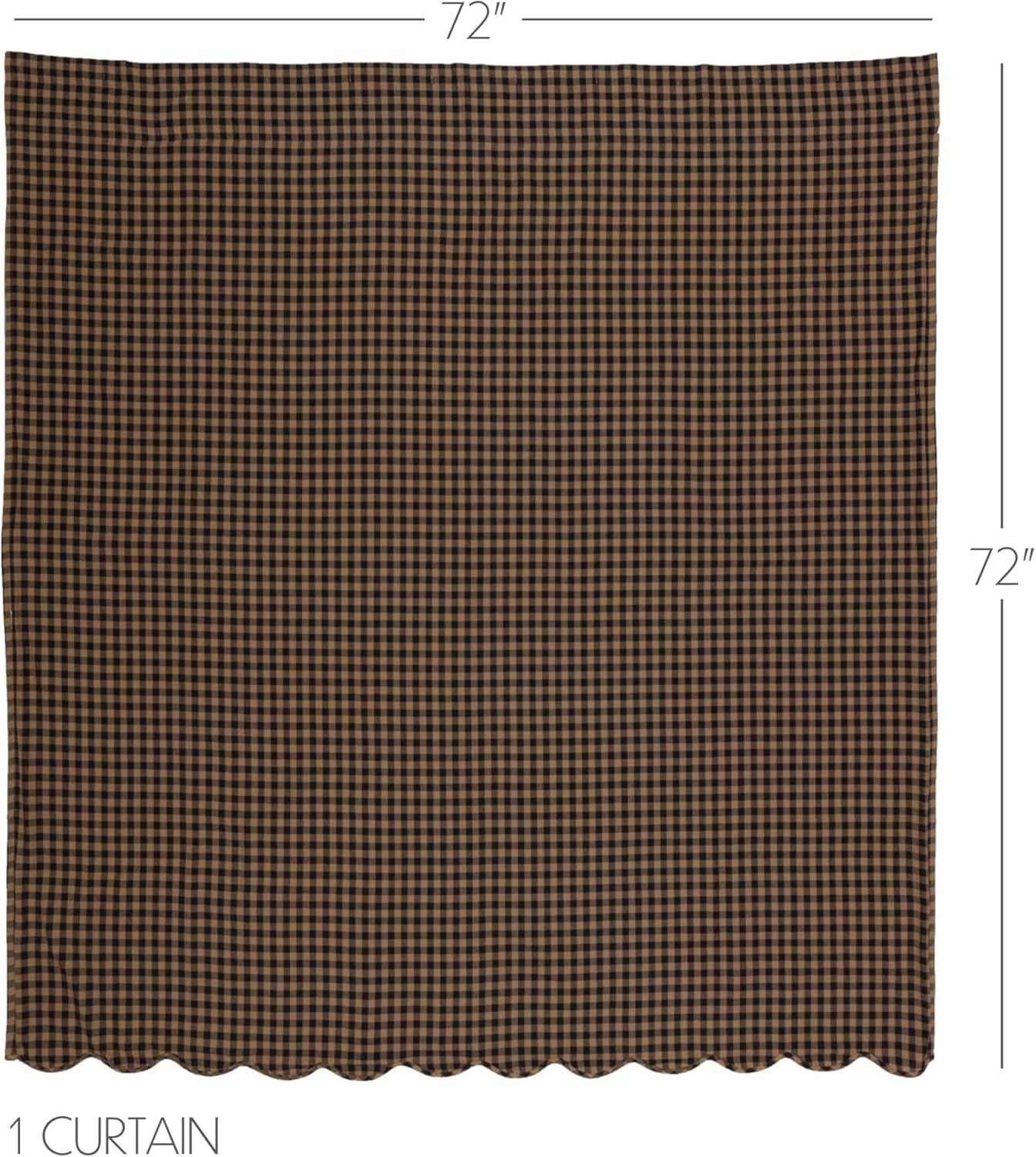 VHC Brands Black Check Scalloped Shower Curtain 72x72 Country Rustic Design, Black and Tan