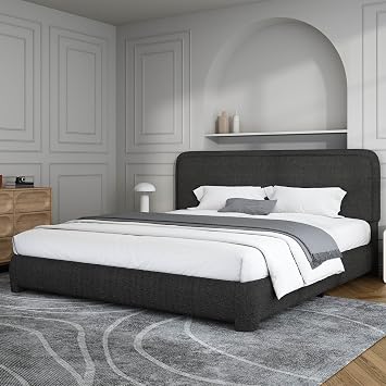 BarnFurin King Bed Frame, Cloud Boucle Headboard, Rounded Corners, Black