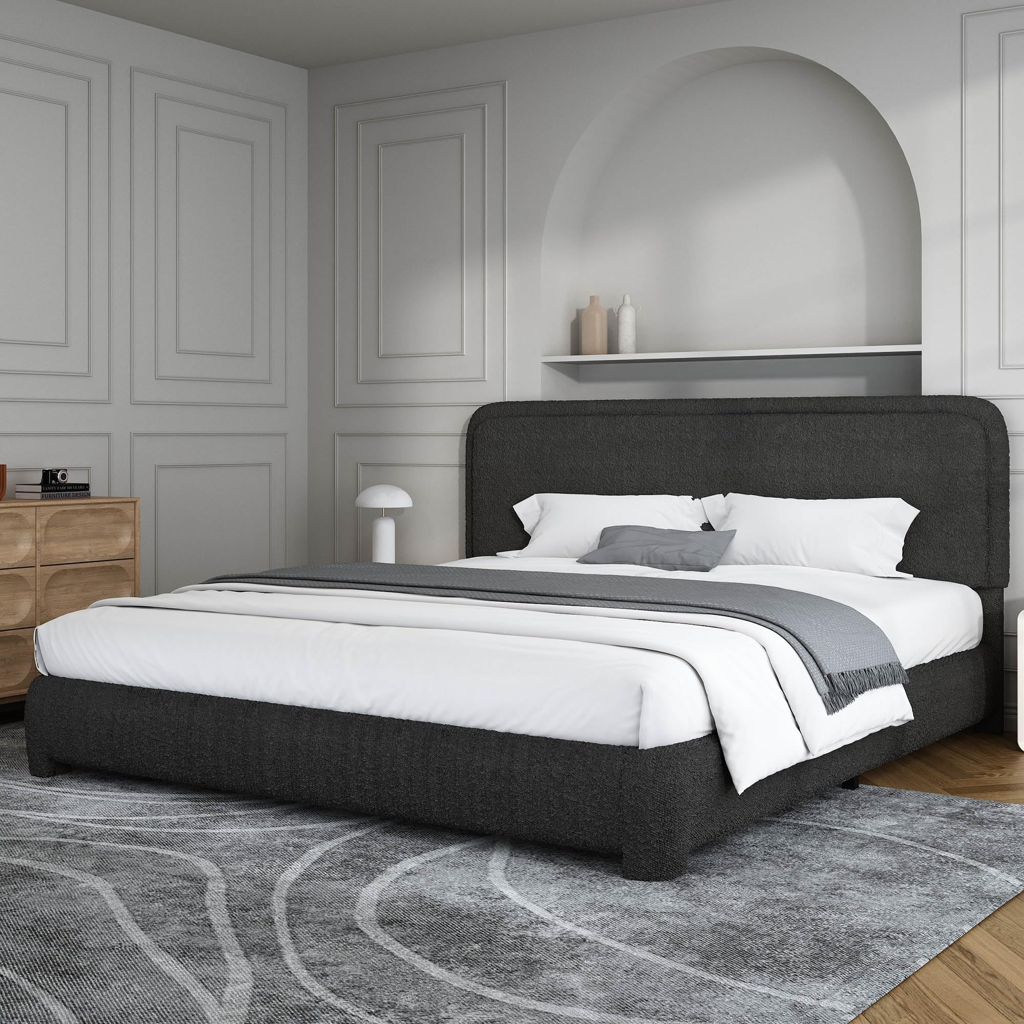 BarnFurin King Bed Frame, Cloud Boucle Headboard, Rounded Corners, Black