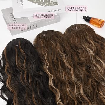 HOOJIH Ponytail Extension, Drawstring Ponytail Hair Extensions 26 Inch Long Curly Wavy Ponytail Natural Wavy Synthetic Hairpiece for Women Daily Use - Black Brown with highlights