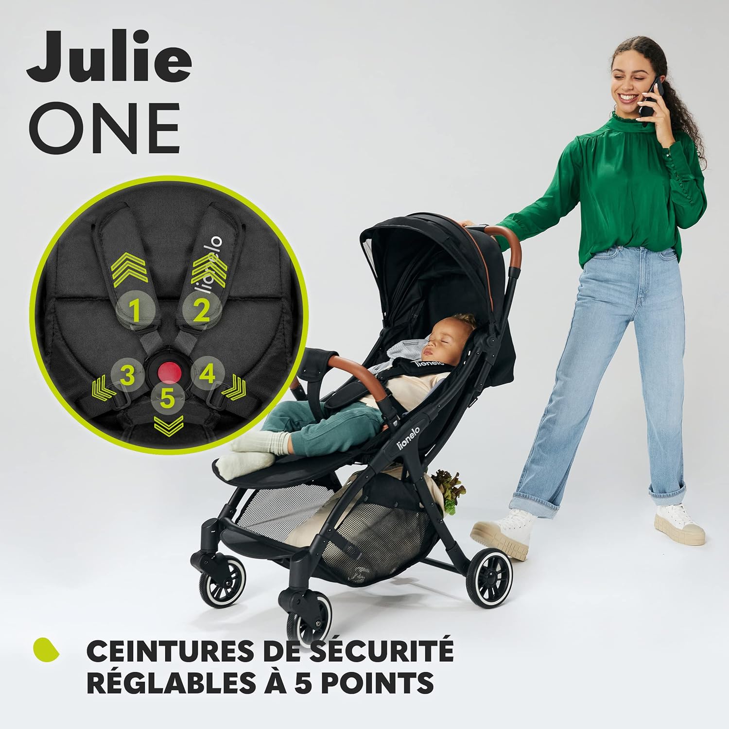 Close-up of the stroller's 5-point adjustable safety harness