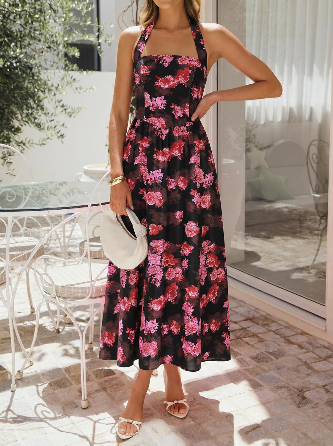 ZESICA Women's Summer Floral Halter Midi Dress 2026 Sleeveless Off Shoulder High Waist Flowy Casual Beach Long Dresses - Image 3