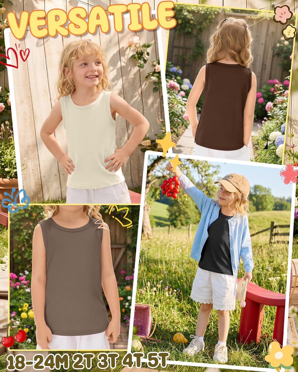 4 Pack Toddler Girls' Tank Tops Sleeveless Undershirt for Baby Girl Summer Kids Crew Neck Casual Side Split T-Shirt