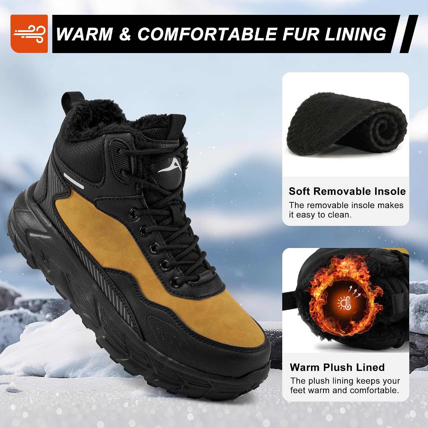 Ecetana Mens Winter Snow Boots: Warm Fur Lined Waterproof Outdoor Work Shoes Comfortable Lightweight Ankle Booties
