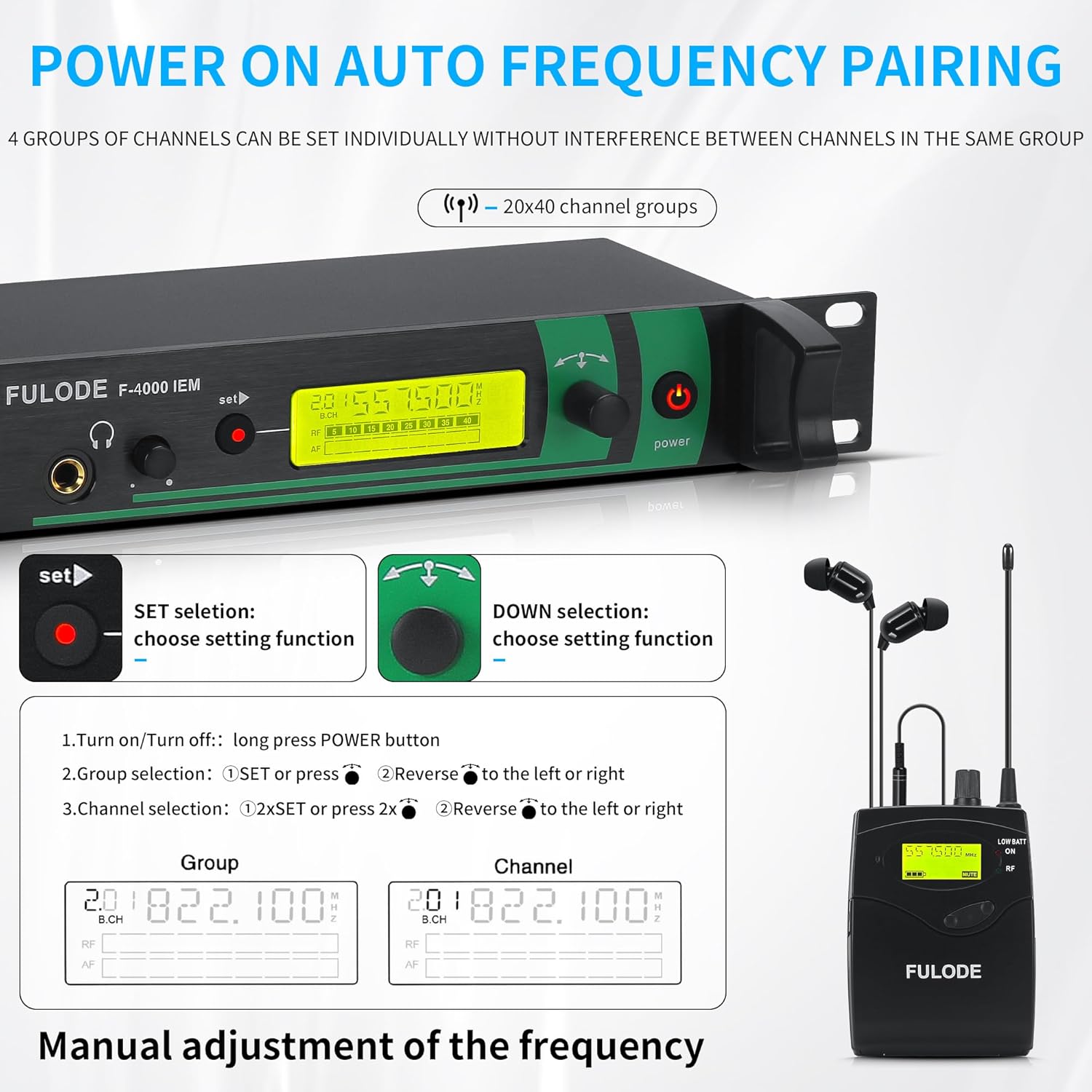 F-4000 2 Channel UHF Wireless in Ear Monitor System，2 Channel 4 Bodypack Monitoring with in Earphone Wireless Type，2x40 Adjustable Frequencies, 330ft Range, Used for Stage, Studio and Church