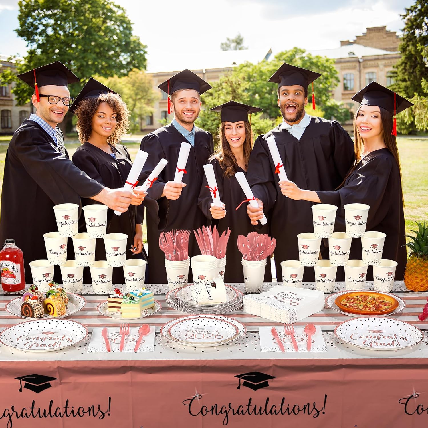 350pcs Class of 2026 Graduation Plates and Napkins Set, Disposable Paper Plate Set Polka Dots Napkins Cups Knife Fork Spoon for Graduation Party Decorations and Supplies,Serve 50 (White Rosegold)