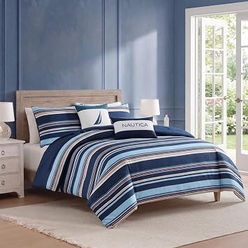 Nautica - King Comforter Set, Ultra Soft Bedding with a Woven Textured Feel, Medium Weight for Year Round Comfort, 5 Piece Bed Set with Matching Pillowcases & Bonus Throw Pillows (Colton Blue)