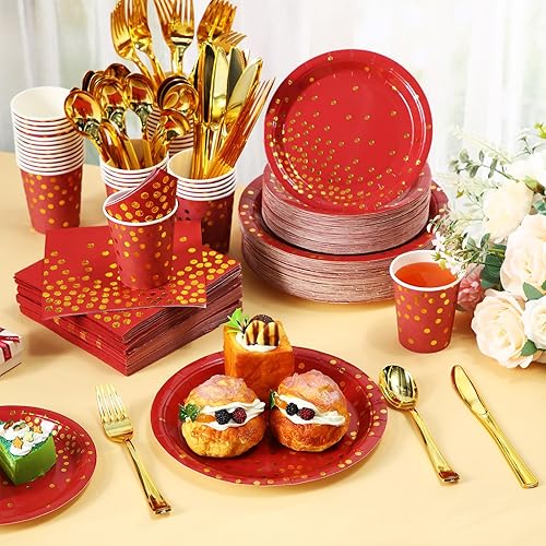 Miniatura 3 de Sieral 560 piezas de suministros de fiesta rojos y dorados para 80 invitados, platos desechables de papel rojo, servilletas, vasos, tenedores de