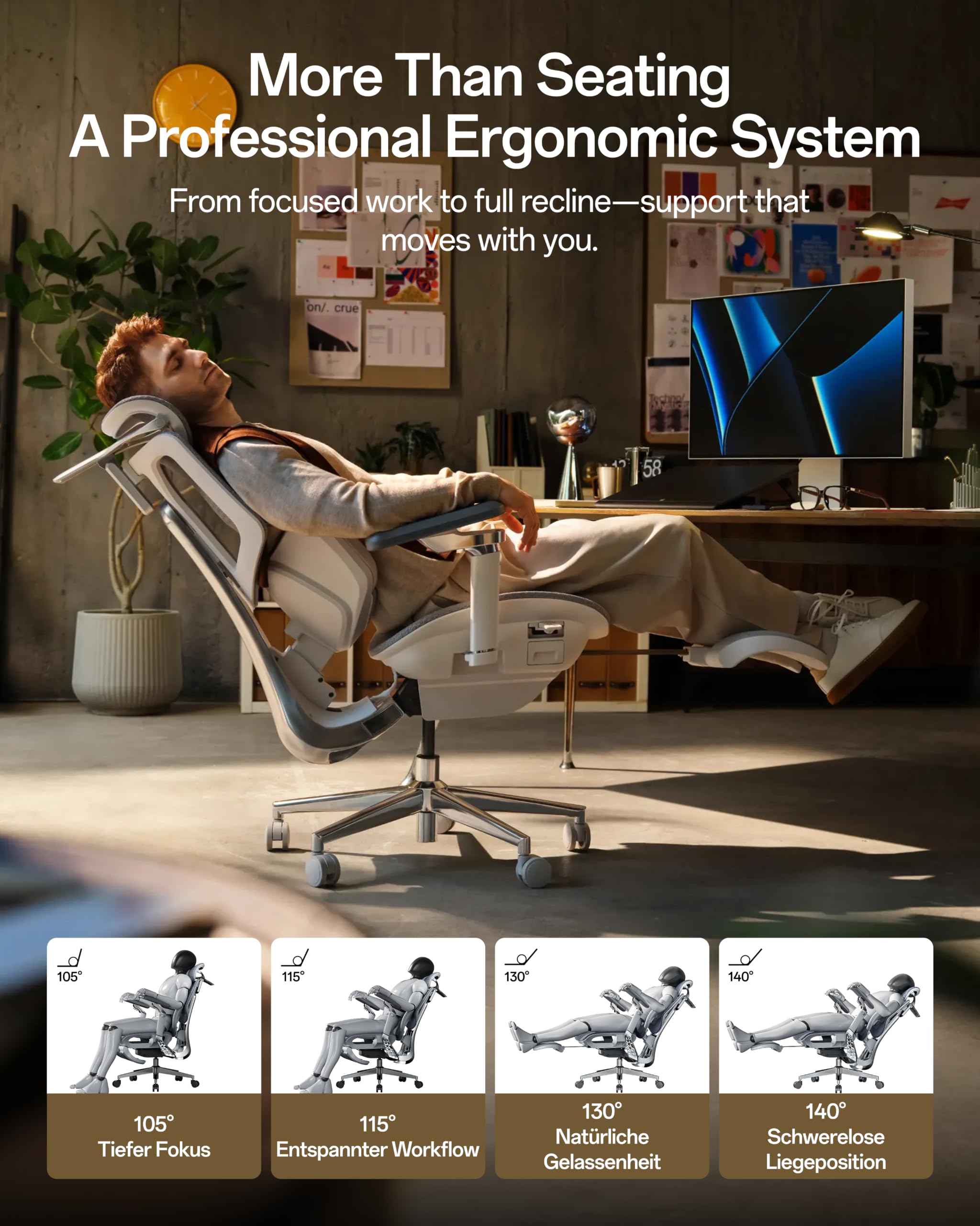 Hbada X7 Inteligentne krzesło biurowe i ergonomiczne krzesło do biurka, z automatycznym śledzeniem lędźwiowym, regulowanym zagłówkiem 4D, podłokietnikami regulowanymi w zakresie 720°, szare