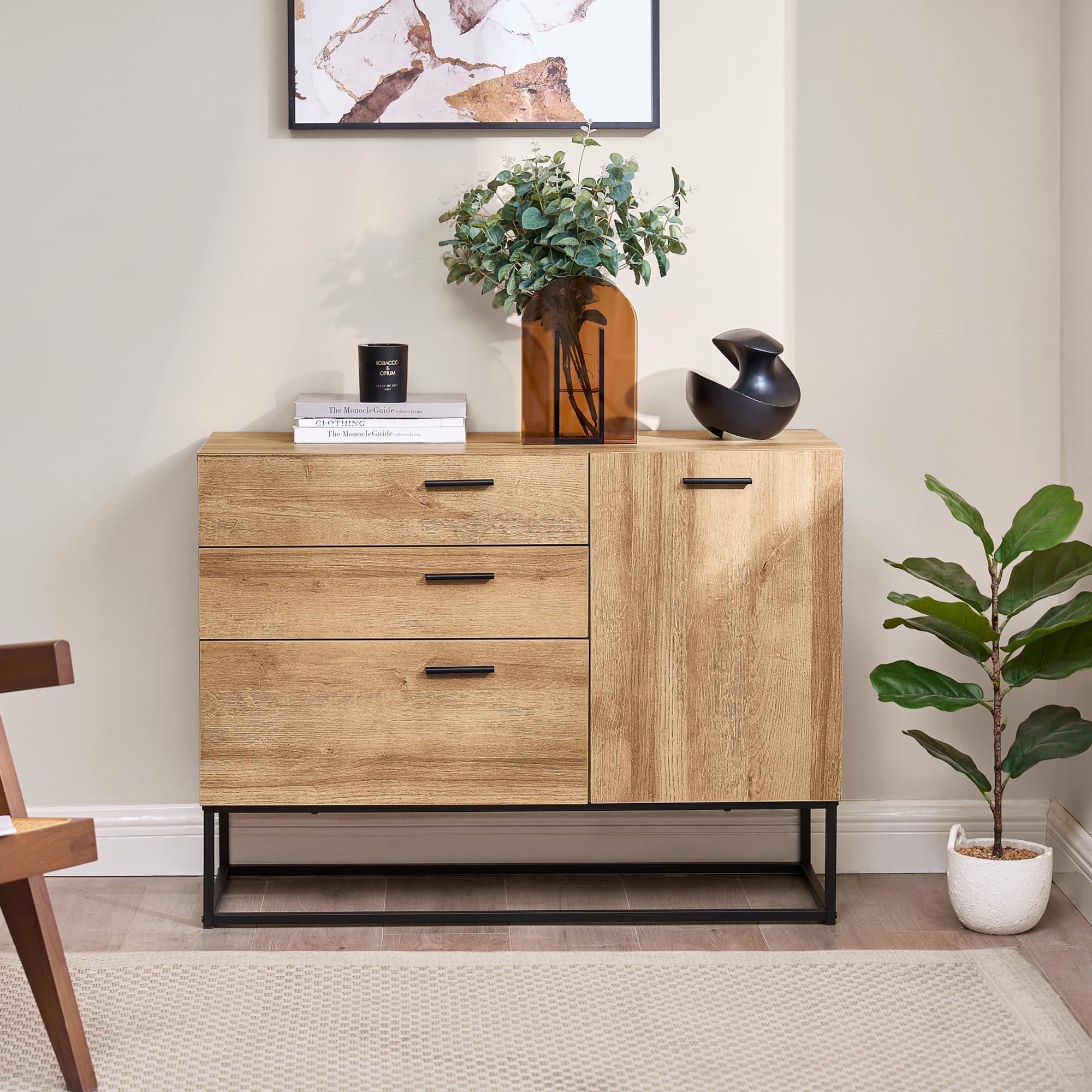 Credenza Mobile 2 Ante E 3 Cassetti [en.casa] – 120x40x75 Cm In Nero/Effetto Rovere Rustico, Comò Per Soggiorno, Ingresso O Sala Da Pranzo