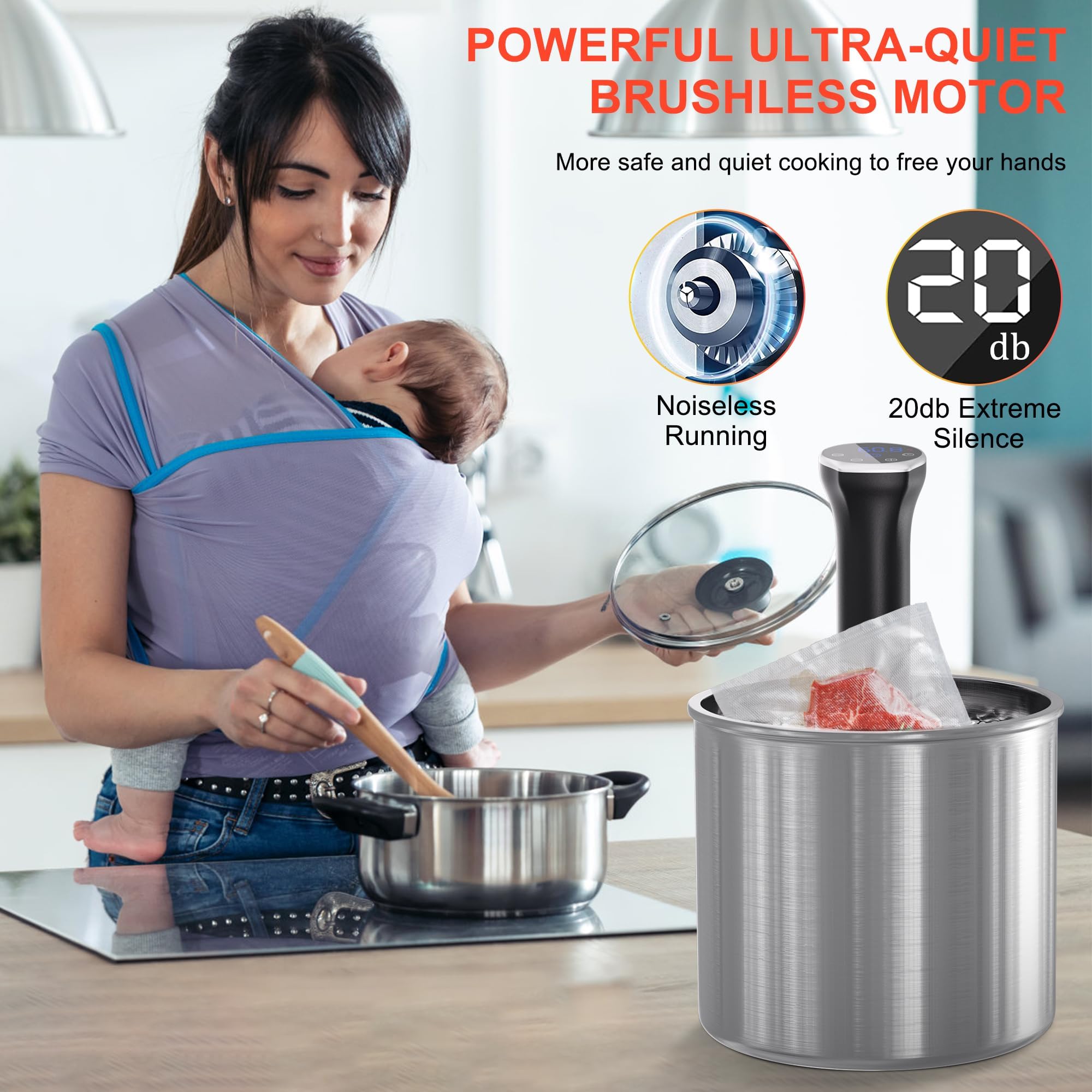 Sous-Vide Machine, 1400W Inmersión Térmica al Vacío con Control de la Temperatura, del Tiempo y Táctil, IPX7 Resistente al Agua, Pantalla LED, Cocedor al Baño María para Bistec y Carne