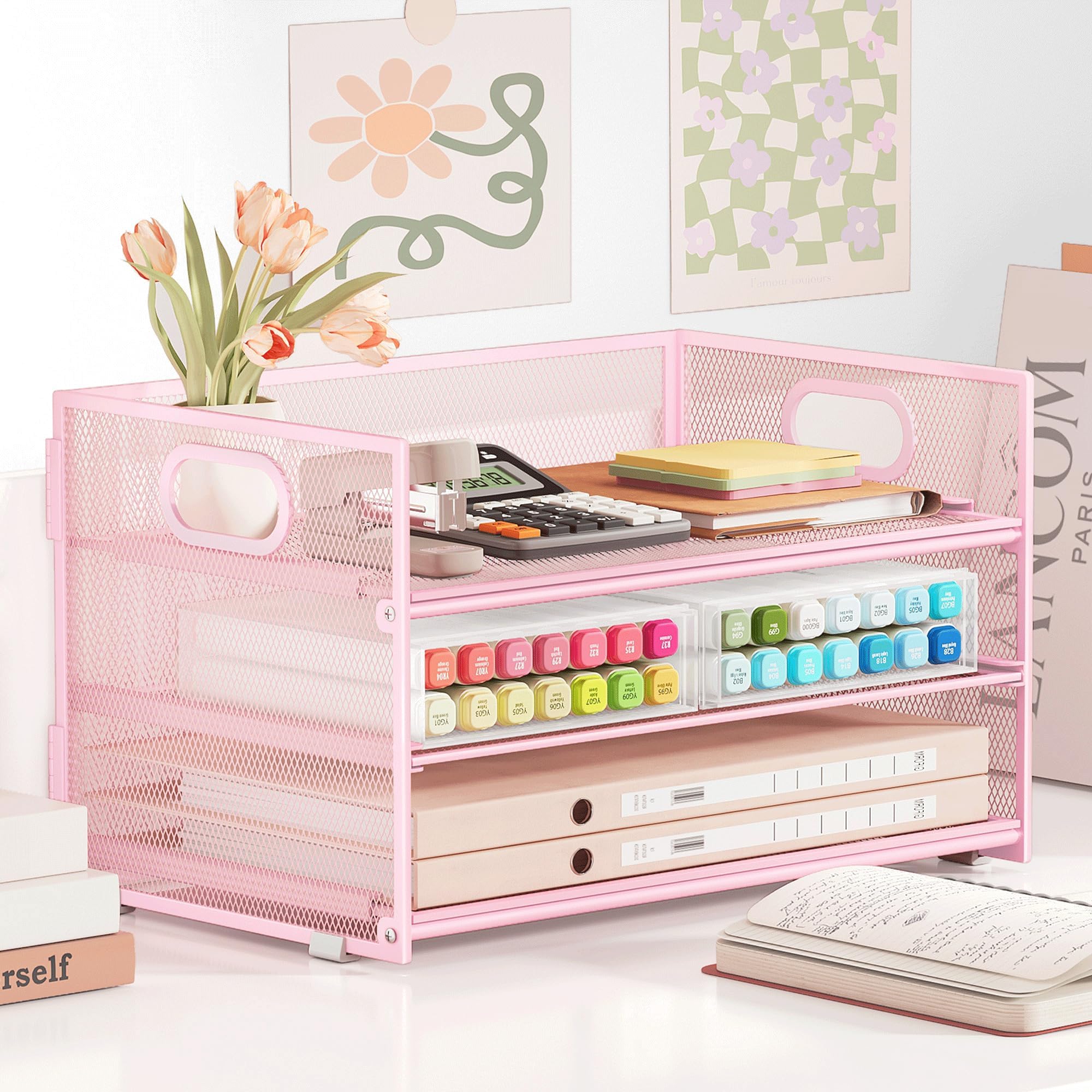 VITVITI Organiseur de Bureau 3 Étages avec Poignée, Pochette A4, Rangement Treillis Métallique Rose
