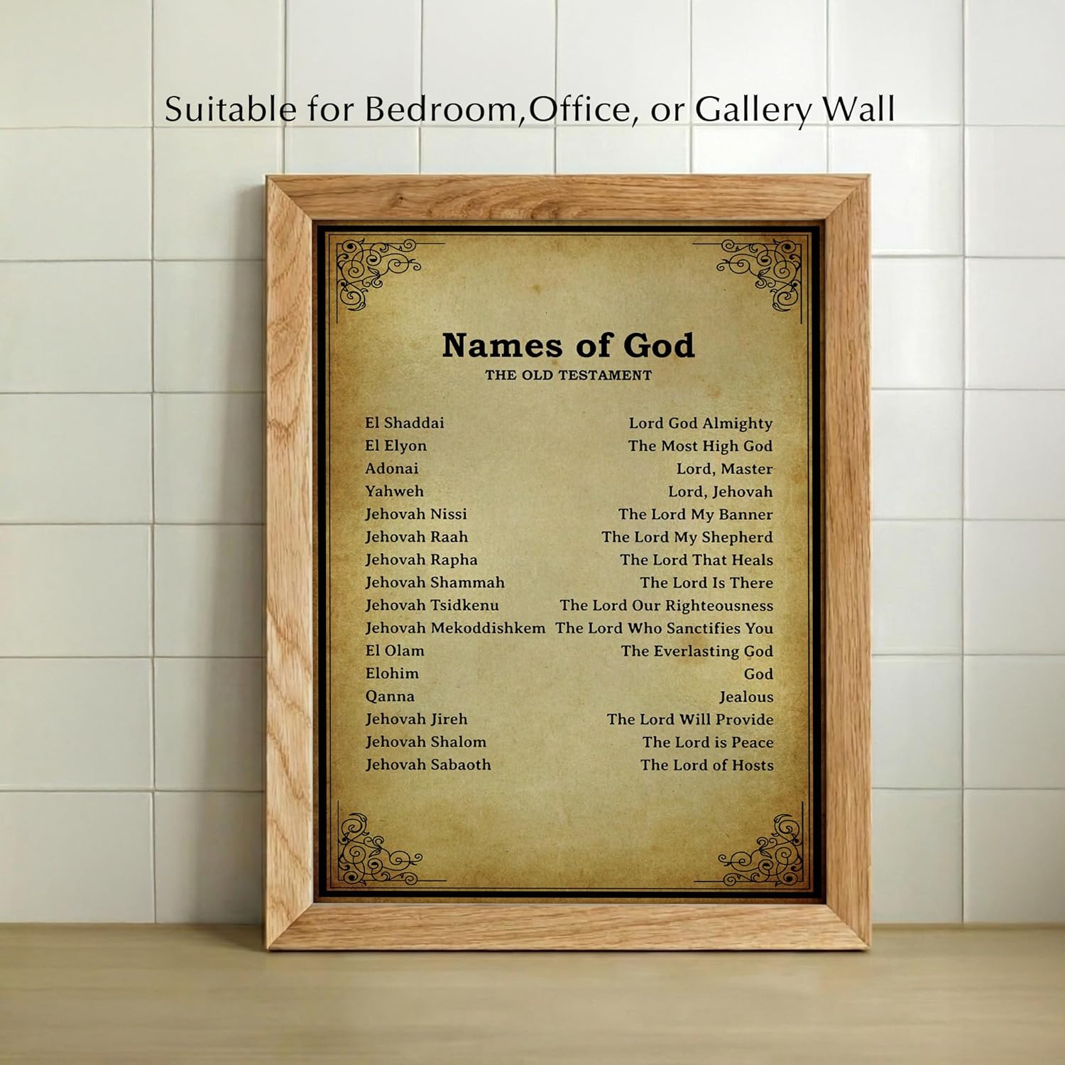 Names of God Christian Wall Art Decor - Inspirational Bible Verse Art Print for Home, Office, Church, Living Room & Bedroom Decor (Brown Framed, 8 x 10 inches)