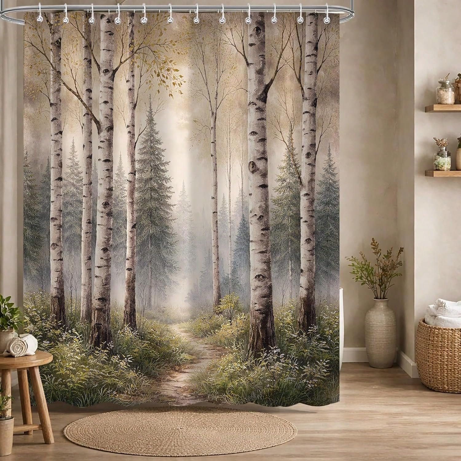 GLKSDLPO Birch Tree Shower Curtain, Rustic Watercolor Aspen Forest Nature Scenery Bath Curtain Bathroom Curtains Decor(210x180cm/83x71in(WxH)
