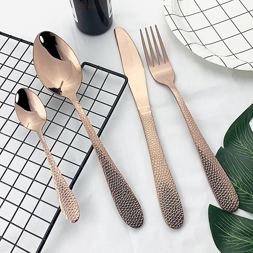 Miniatura 8 de JASHII Juego de cubiertos de 16 piezas de acero inoxidable martillado para 4, moderno juego de cubiertos pulido con espejo, apto para lavavajillas,