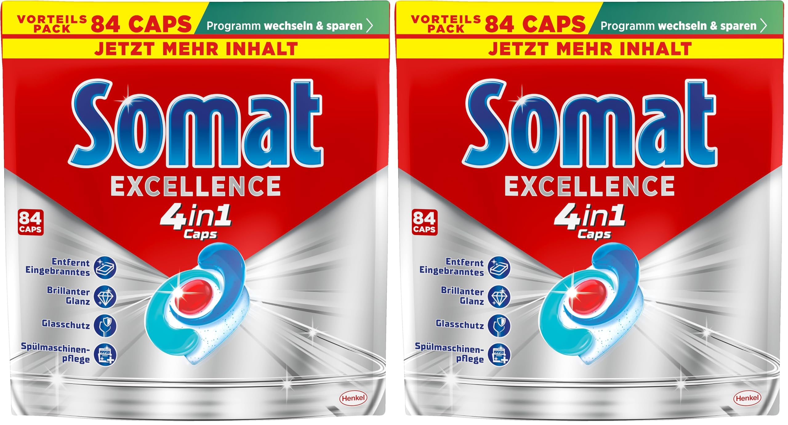 Somat Excellence 4in1 Caps (84 Caps), schnellauflösende Spülmaschinen Caps für brillanten Glanz auch im Niedrigtemperatur-, Kurz- & Eco-Programm, Somat Caps entfernen kraftvoll Eingebranntes