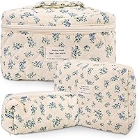 Vista 18 de Bolsa de maquillaje acolchada de algodón, 3 piezas, bolsa de cosméticos de viaje, bolsa de maquillaje floral, bolsa de aseo grande para mujeres