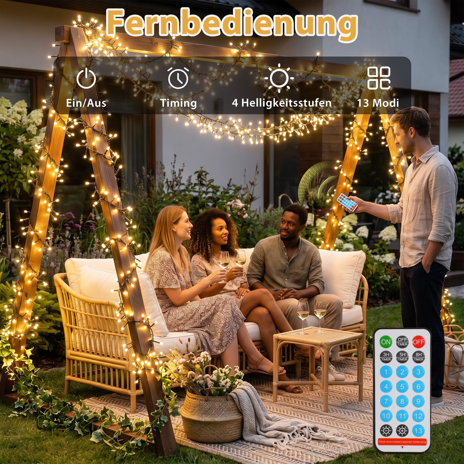 SALCAR Cadena de luces solares de 19 m, 800 LED, para exteriores (cable de alimentación de 16 + 3 m) con mando a distancia, 13 modos, resistente a la intemperie, para exteriores, decoración interior