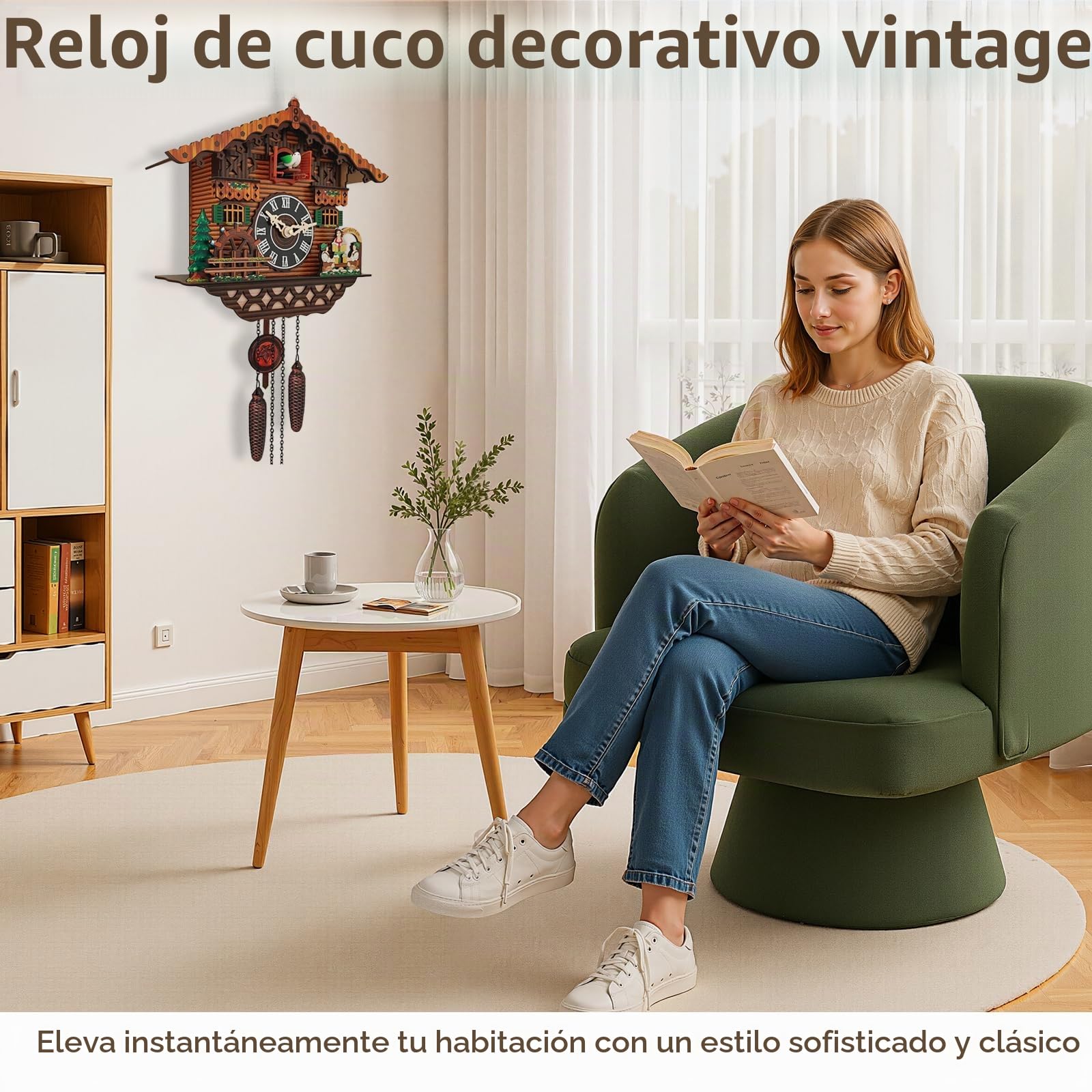 Reloj de cuco, reloj de cuco de madera artesanal con pájaro funcional, reloj de pared con control de volumen, reloj de cuarzo tradicional y antiguo para decoración de sala de estar, cocina