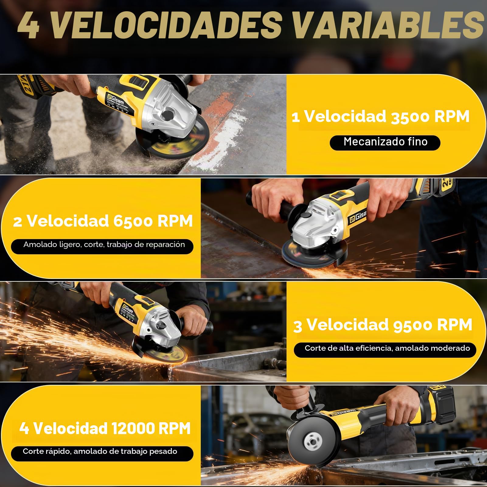 Gisam Amoladora Angular a Batería 2x 4000 mAh, Ø125mm, Max 12000 rpm, Amoladora Bateria sin Escobillas con Cargador y 12 Discos para Crtar y Amolar con Precisión (Amarilla)