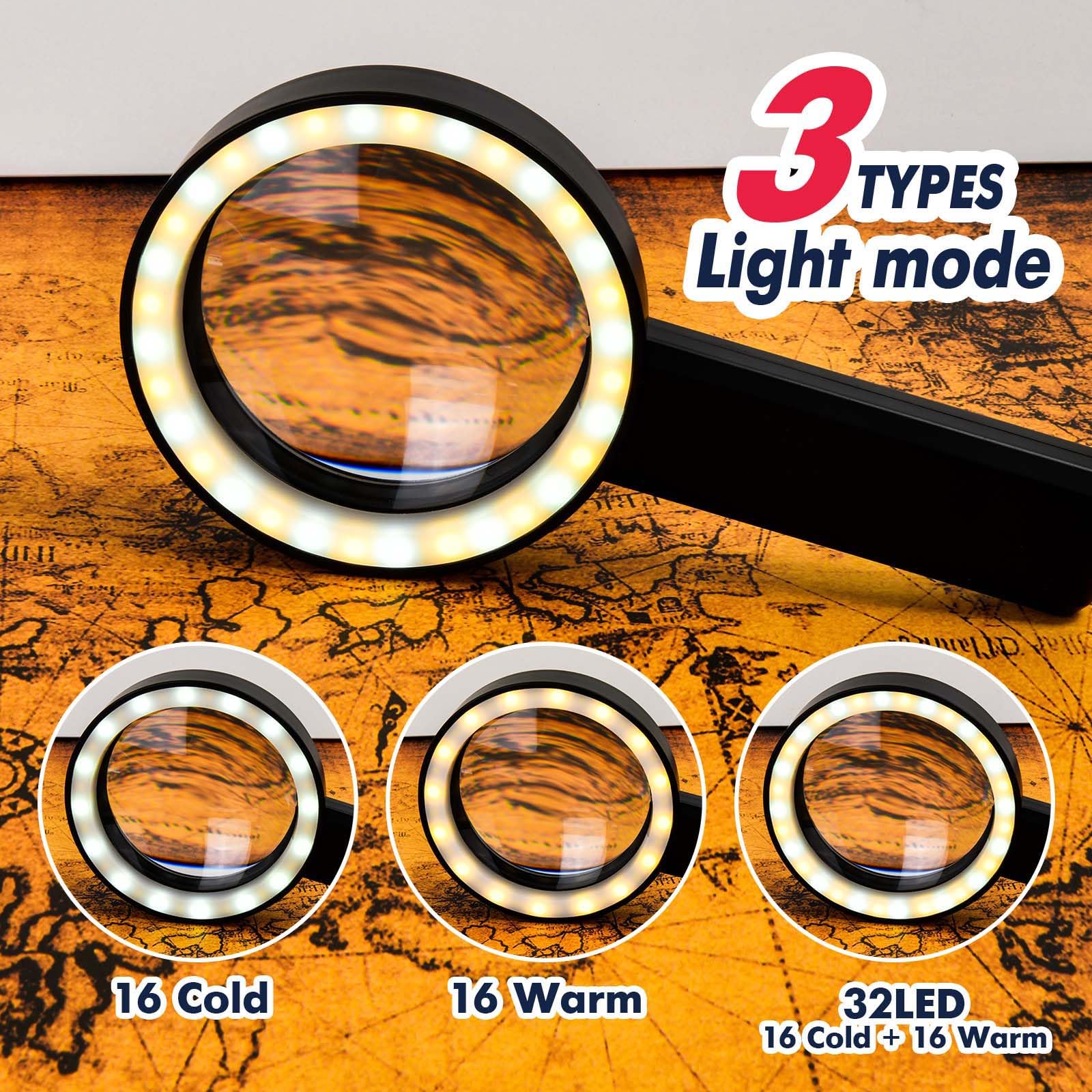 Lupa con luz para trabajo cercano, lupa iluminada de mano 5X 10X para leer joyero senior 32 LED iluminado pequeña lente de mano portátil para joyería carga negra