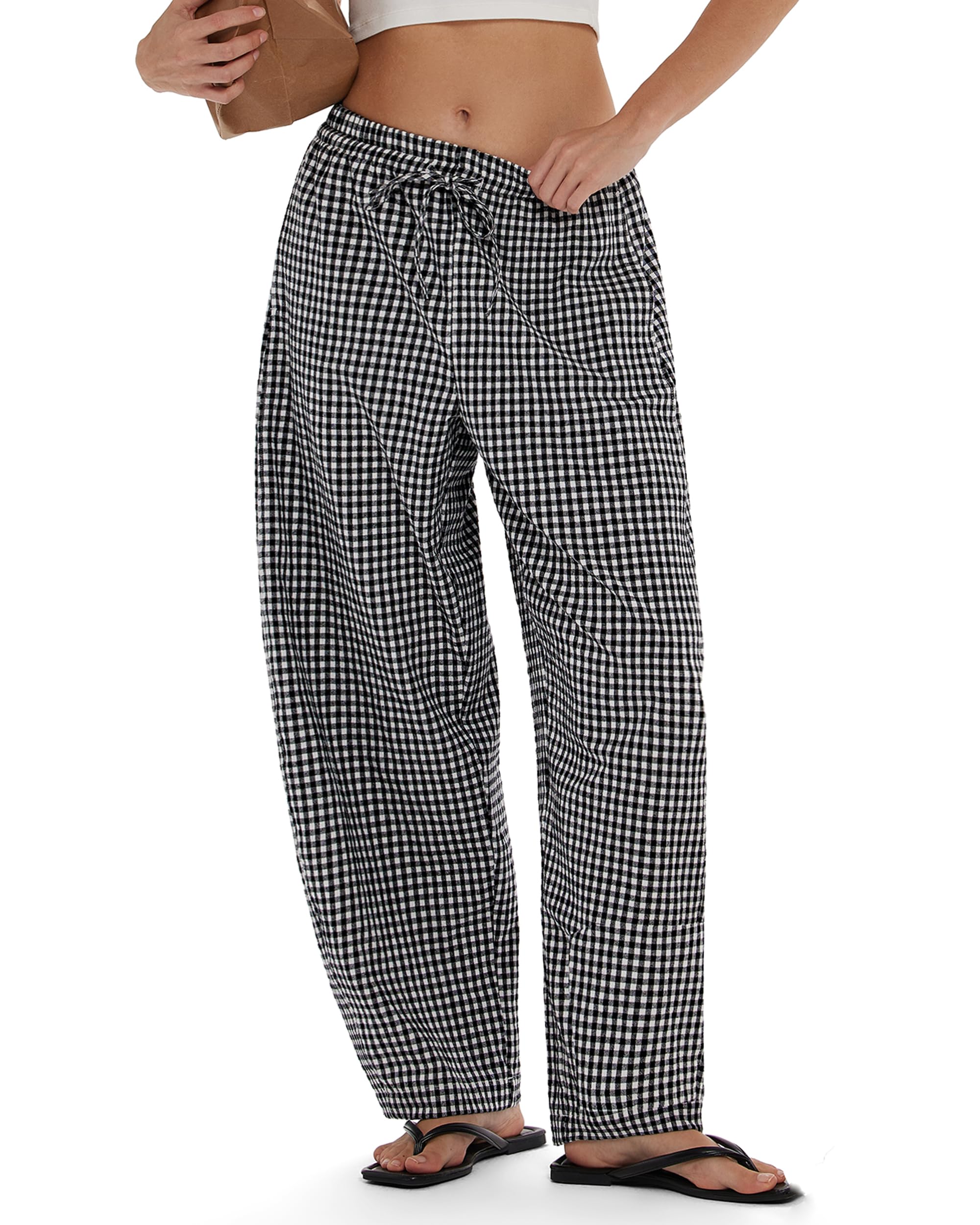 MOOSLOVER Women Linen Lightweight Barrel Pants Drawstring Comfort Casual Lounge Pants Baggy Loose Ankle Pants with Pocket