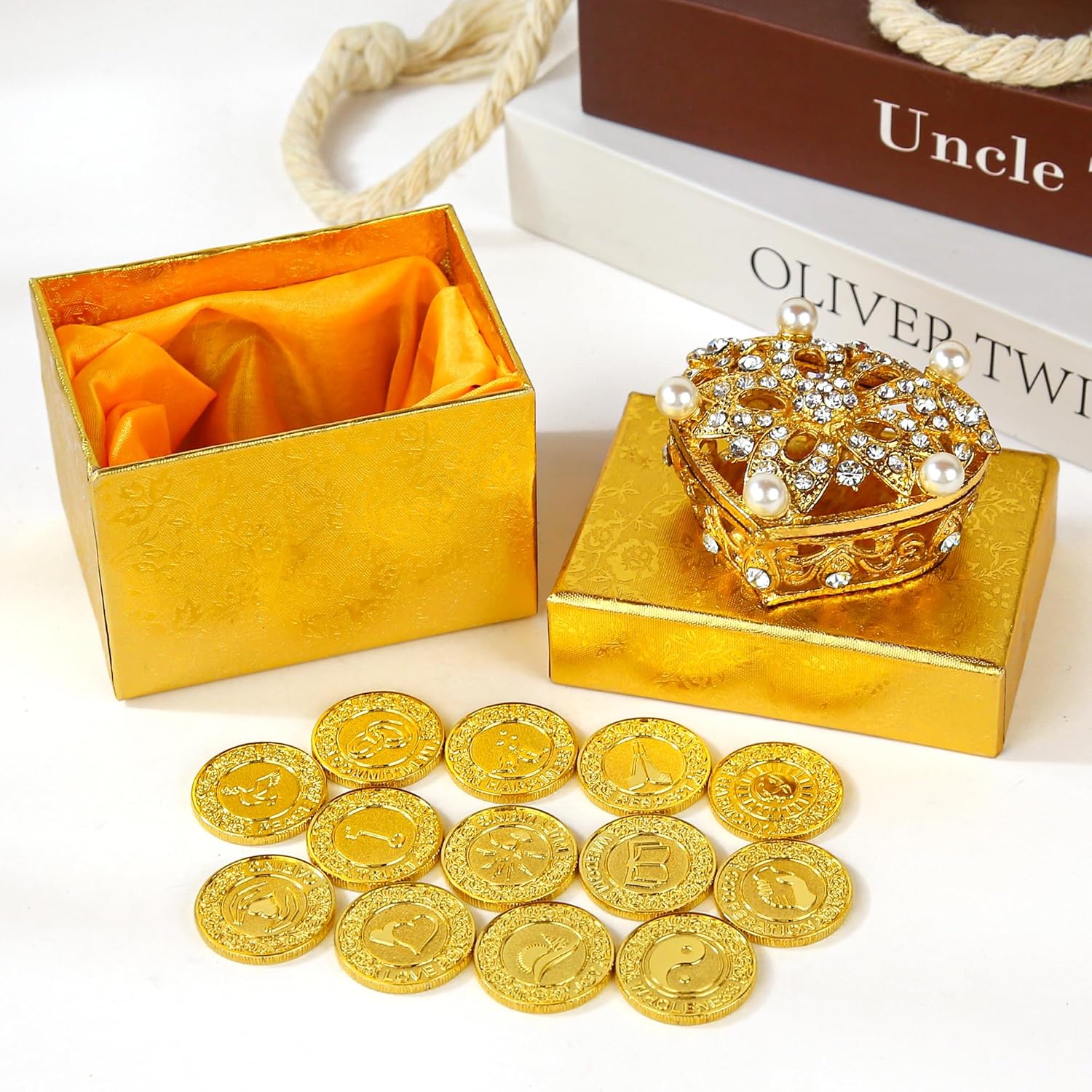 TINGKU 13 pcs English Words Wedding Unity Coins Set with Heart Shaped Box, Arras para Boda Catolica, Arras de Boda Cristiana, Decoracion de Boda for Wedding Ceremony-Gold Coins PL