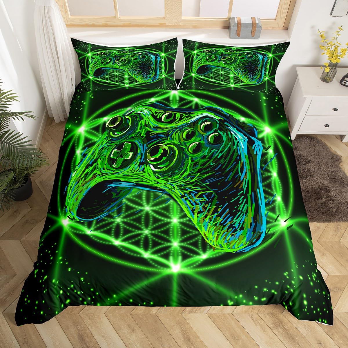 Gaming Bedding Gamer Bedroom Decor For Boys Girls Teens Video Game Controller Galaxy Bedding Set Youth Gaming Console Cot Bedding &Llinen Green With 1Pillow Case Zipper — image 1