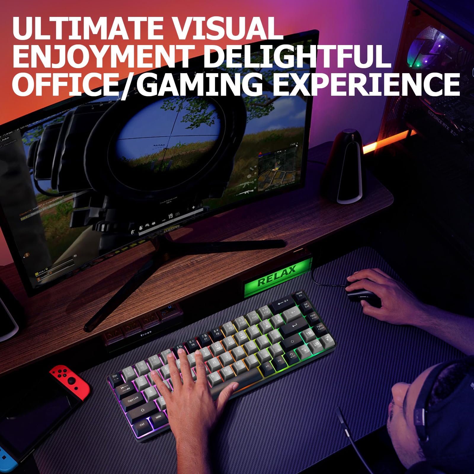 Tastiera da gioco portatile con cavo, 60% meccanica, retroilluminata a LED RGB, compatta, 68 tasti, mini tastiera da ufficio con cavo, per Windows, laptop, PC, Mac, gamer, dattilografi, viaggi di