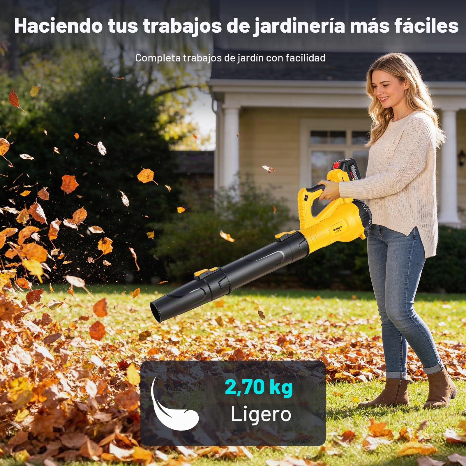 Soplador de Hojas, con 6 Niveles de Velocidad, Caudal de Aire de 218 CFM (3,2 m³/h), 2 Baterías de 4000 mAh y Cargador Rápido, para Limpiar Terrazas, Céspedes y Jardines