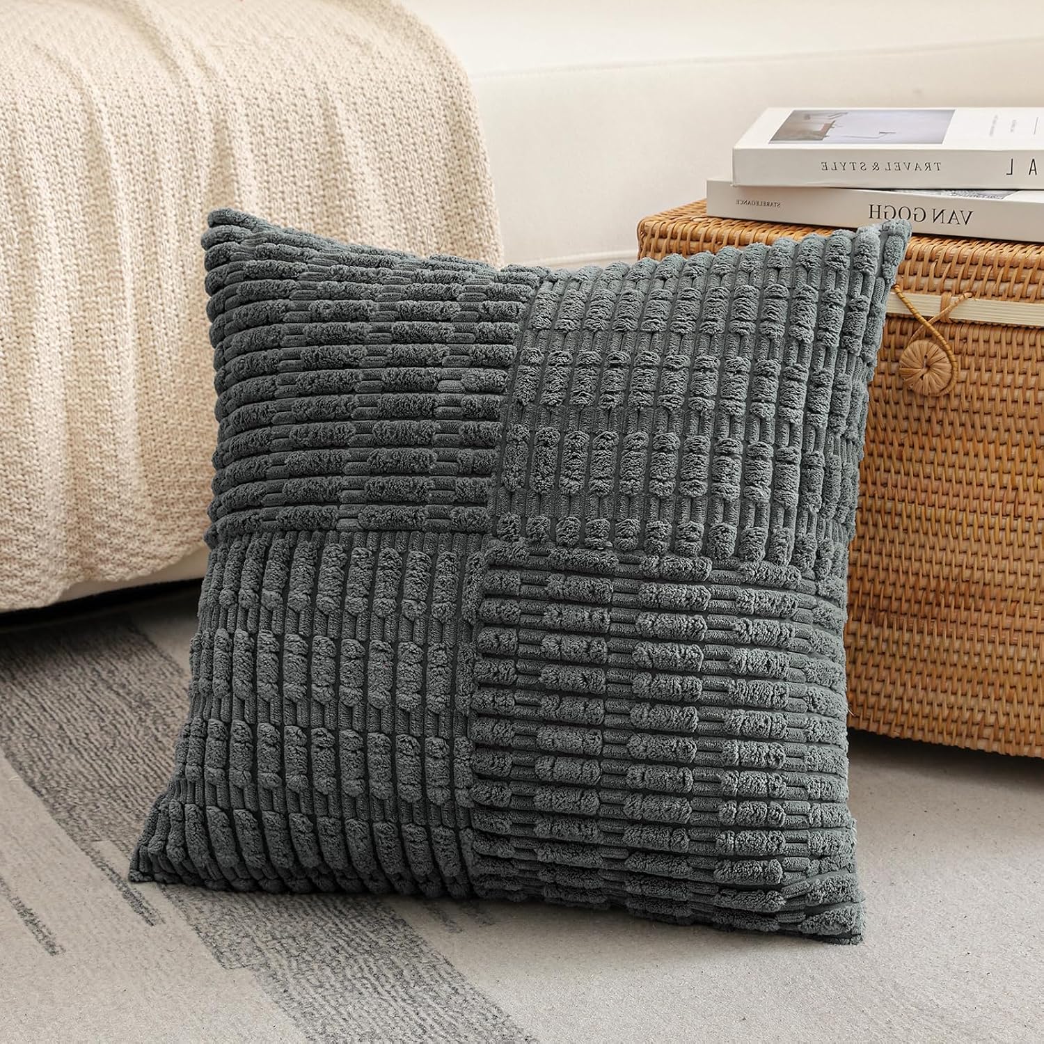 OTOSTAR Set of 1 Decorative Throw Pillow Cover Soft Corduroy Solid Square Pillow Case Boho Striped Cross Patchwork Textured Farmhouse Cushion Cover for Sofa Car Bed Living Room 20x20 Inch, Dark Grey image 4