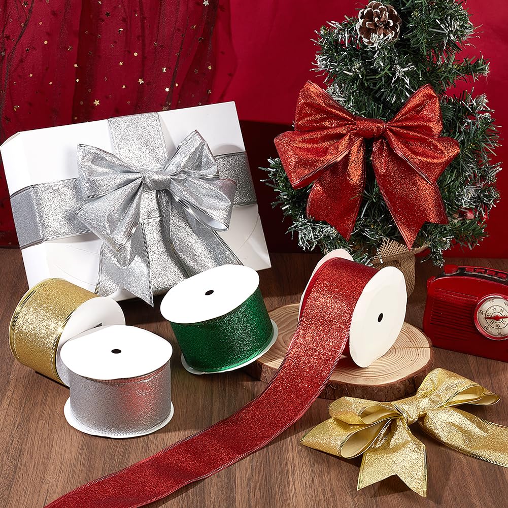 PH PandaHall 36.6m Nastro Natale 4 Colori Nastro con Glitter, 63mm Nastri Argento Oro Verde Rosso per Ghirlande di Natale e Confezione Regali, 9.14m/Colori
