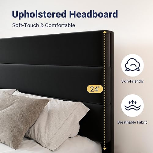 Miniatura 4 de Allewie Base de cama moderna de tamaño matrimonial con 4 cajones de almacenamiento y cabecera tapizada de terciopelo, soporte de listones de madera,