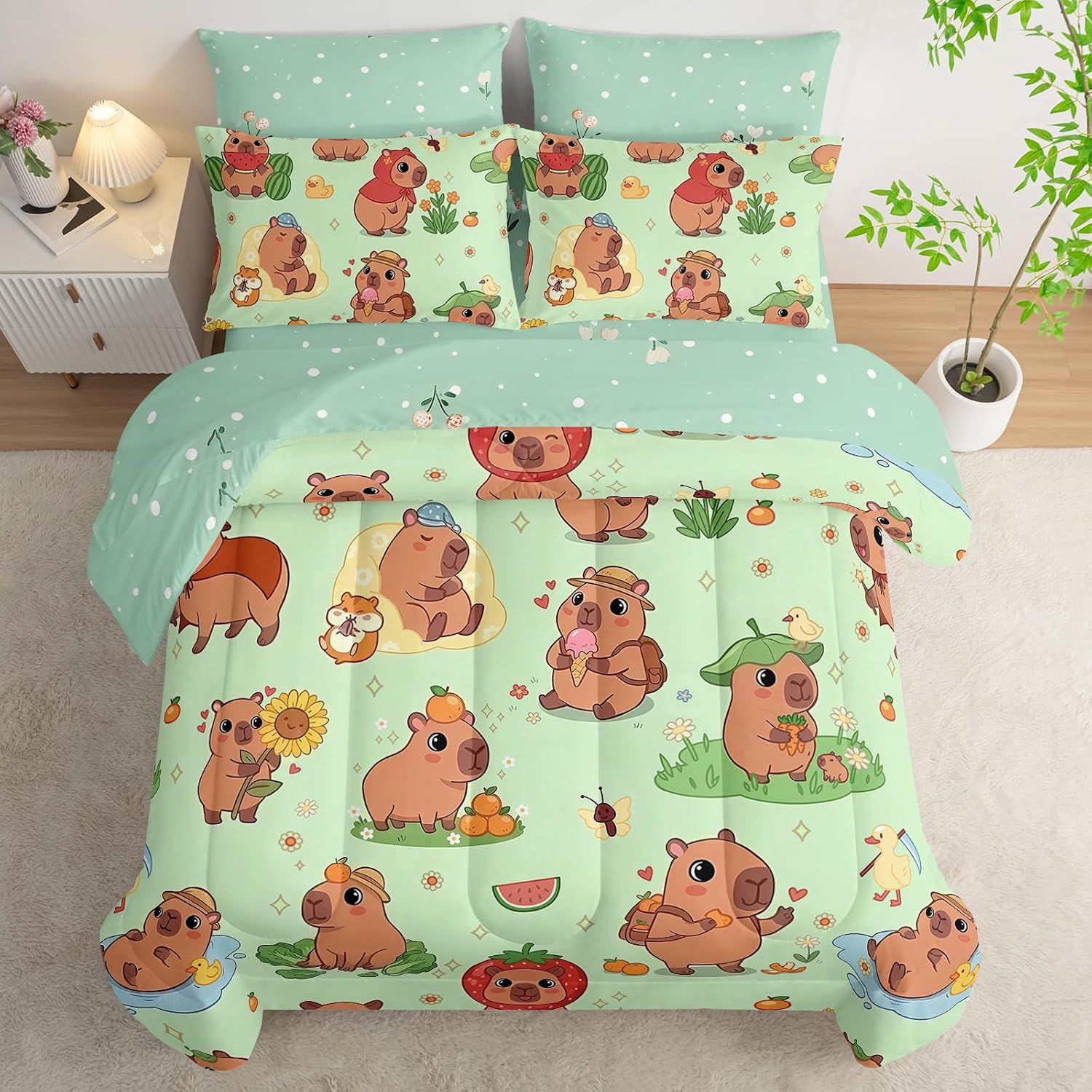 AILONEN 7-Piece Kids Kawaii Capybara Comforter Set Twin,Grass Green Bedding Set Bed in a Bag,Cute Animals Comforter & Fitted Sheet & Flat Sheet & 2 Pillowcases,2 Pillow Shams for Bedroom