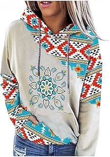 Women's Sweatshirts Loose Fit Color Block Pullover Drawstring Sweatshirt with Pockets Ethnic Sweatshirt Men