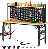 YITAHOME 60" Adjustable Height Workbench with Pegboard, 1600LB Capacity, Wheels, AC/USB Outlets & Hooks - Garage Workshop Table