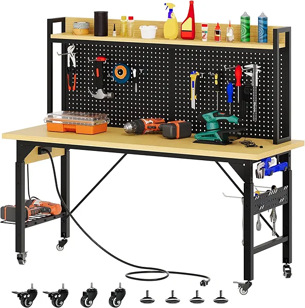 YITAHOME 60" Adjustable Workbench with Pegboard, Wheels & 1600 LB Capacity, Rolling Work Table with AC/USB Outlets, Hooks, and Rack, Heavy-Duty Work Bench for Garage, Workshop, Office, or Home