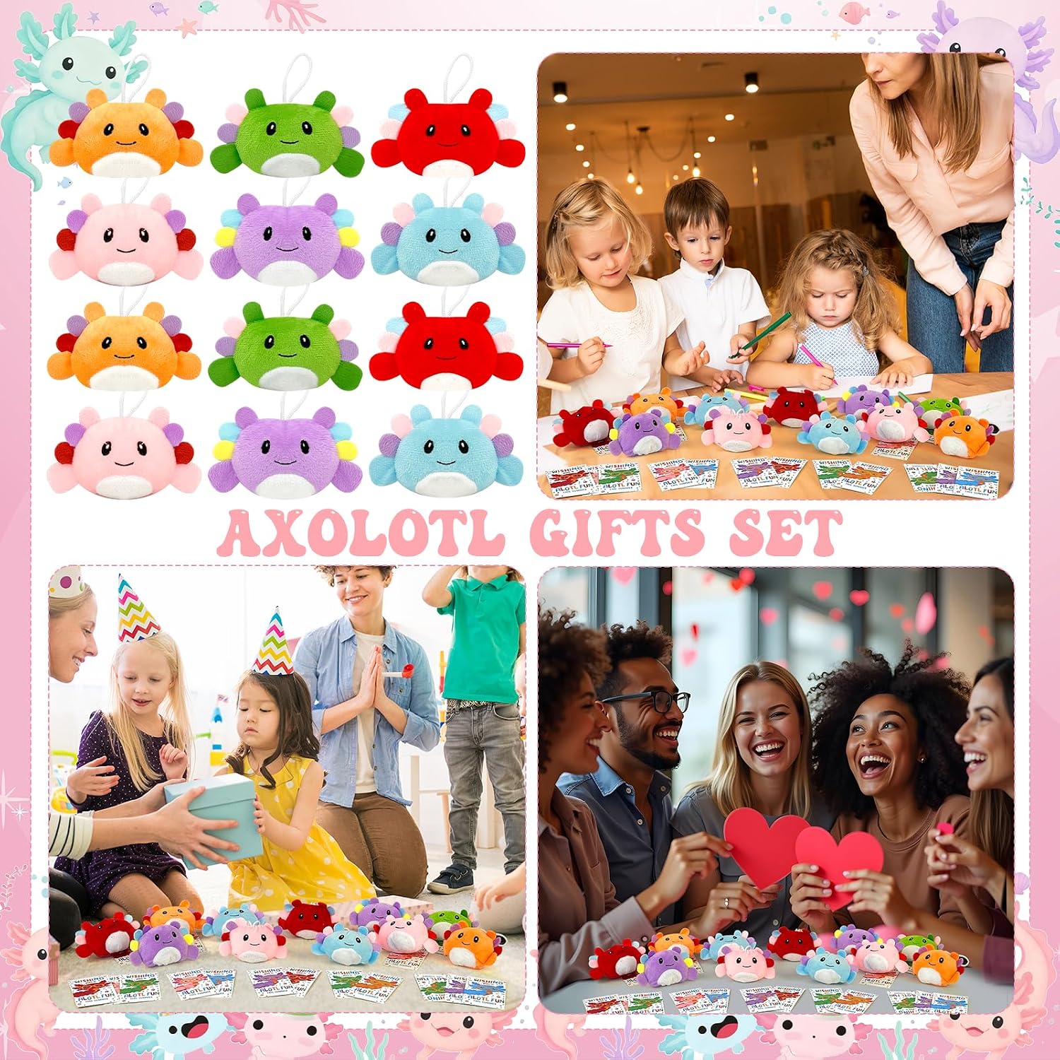 24 Sets End of Year Gifts Bulk Axolotl Keychain Plush Toys Axolotls Stuffed Animal Plushie Doll Ornament with Gift Cards for End of the School Year Graduation Classroom Prize Goodie Bag Stuffers