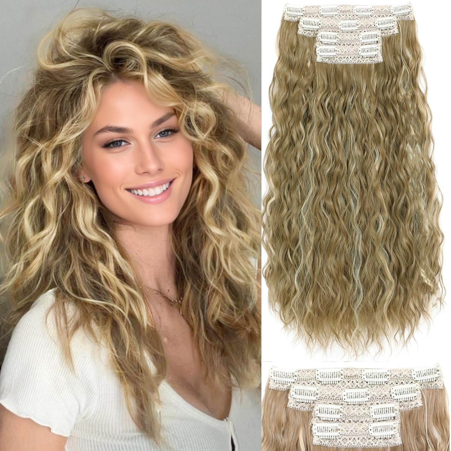 Honey Golden Brown Clip in Hair Extensions, Hair Extensions Clip Ins 18 Inch Synthetic Curly Wavy Hair Extensions Long Thick Clip on Hair Extensions for Women Hairpieces(Honey golden brown&Blonde)