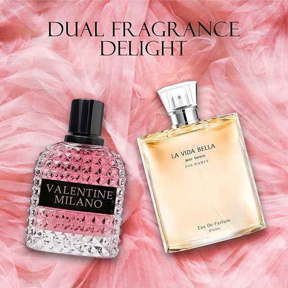 AFLUXE Women's Perfume La Vida Bella&Valentine Valentine Milano Combo Set Eau De Parfum Long Lasting Fragrance 3.4 Fl Oz Spray Each for Daily Used